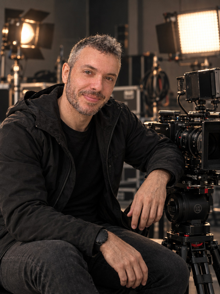 Manuel Lorenzo en un estudio audiovisual junto a una cámara profesional de cine