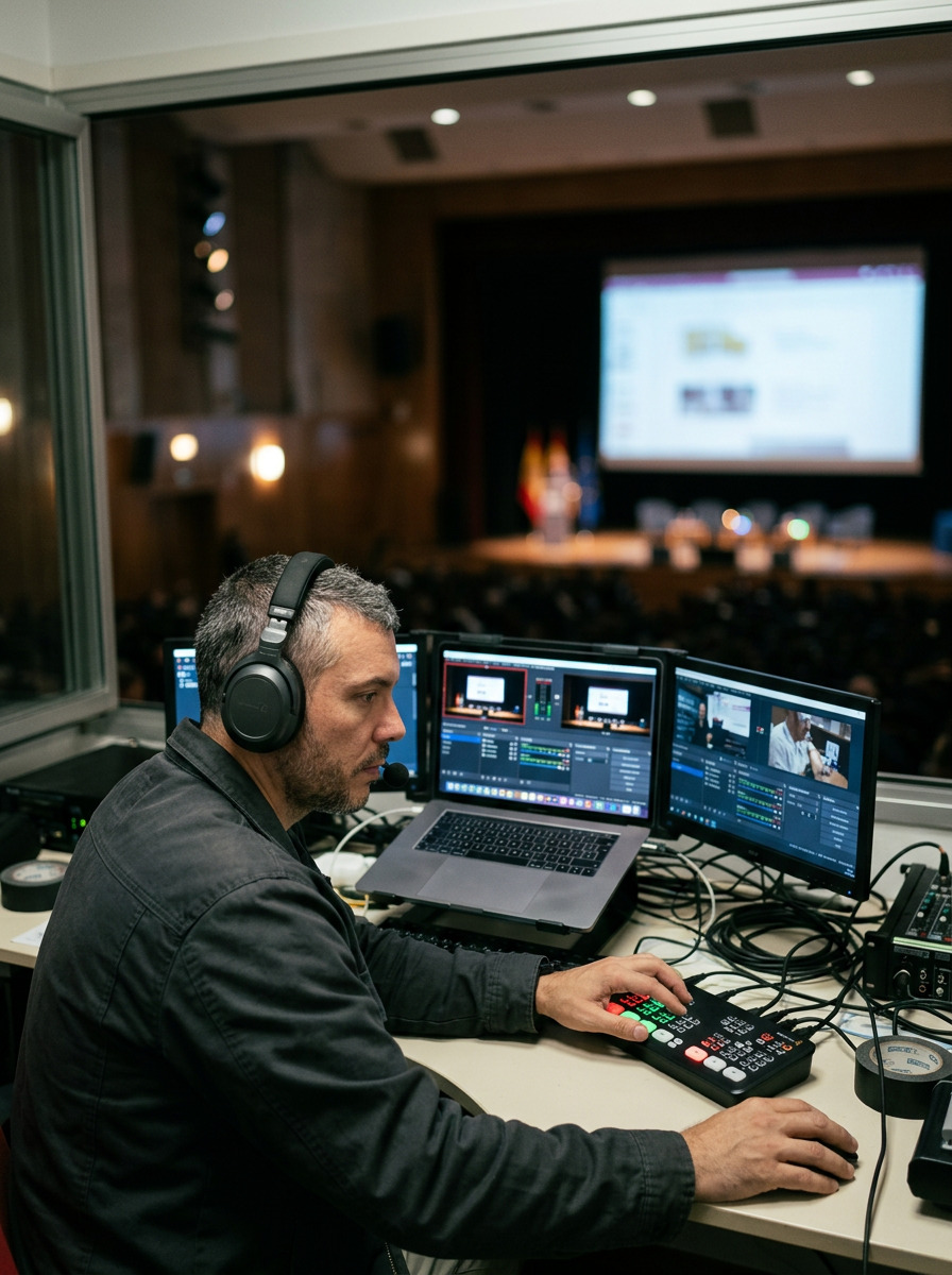 Manuel Lorenzo realizando un evento mediante control de vídeo y monitores de realización