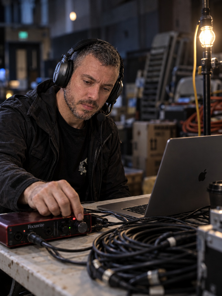 Técnico audiovisual trabajando con interfaz de audio, ordenador y equipos de producción